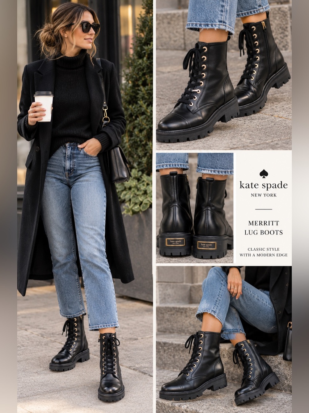Kate Spade Merritt Black Leather Lug Combat Boots Crystal Eyelets Size 9 Zip Up